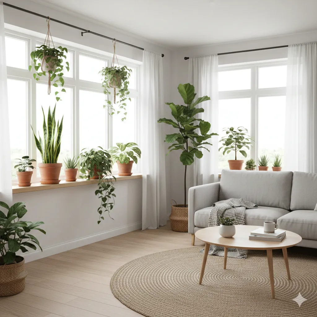 Lyst nordisk rom med grønne inneplanter langs en vinduskarm